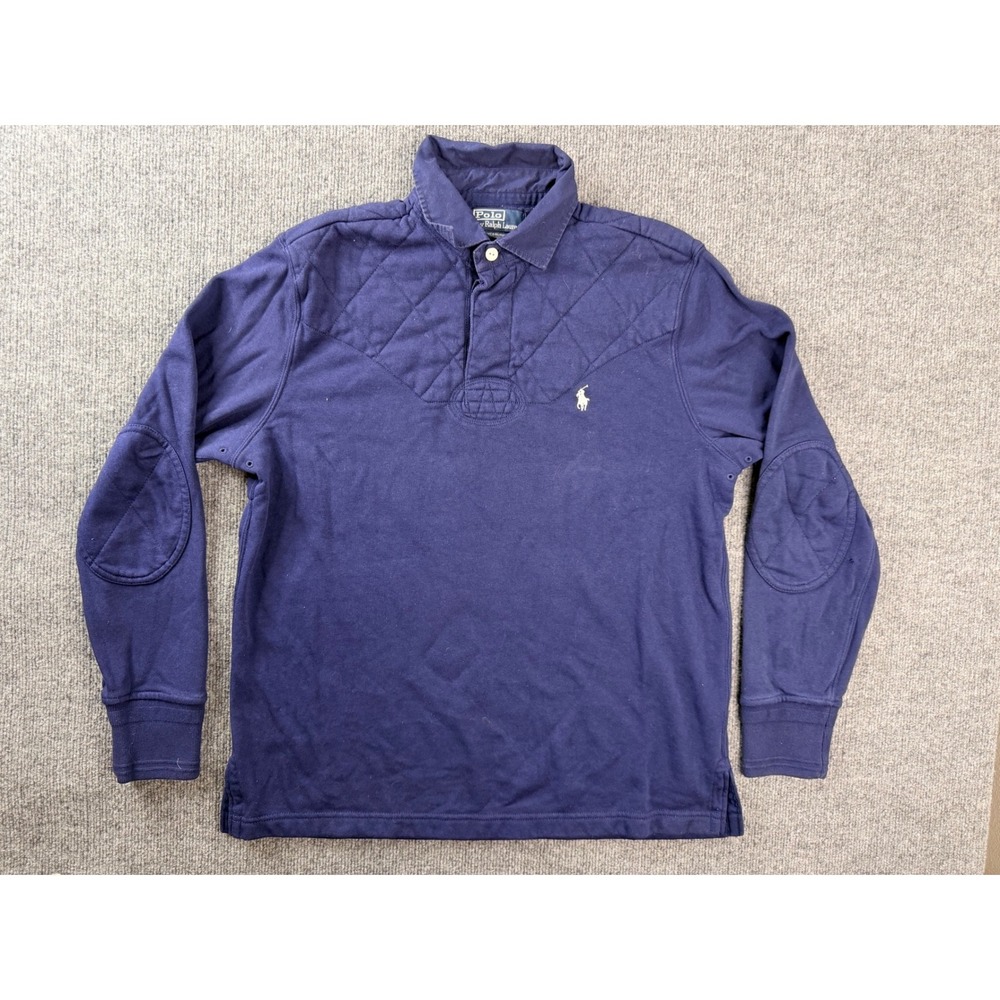 Polo Ralph Lauren Mens Medium Navy Blue Quilted Pullover Sweatshirt Elbow Patch